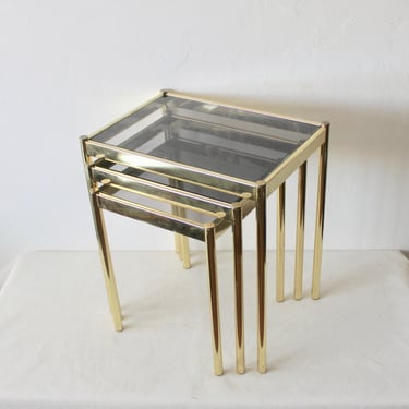 Italian Style Modern Brass Smoked Glass Stacking Nesting Tables Vintage-Set of Three 