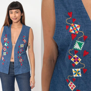 90s Quilting Vest Blue Chambray Vest Seamstress Sewing Machine Scissors Thread Heart Patch Print Top Sleeveless Vintage 1990s Medium 