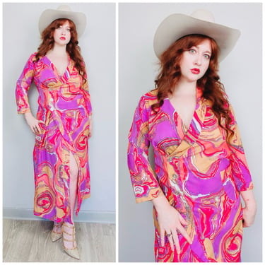 1970s Vintage Sears Pink and Purple Psychedelic Wrap Dress / 70s / Seventies Acid Trip Nylon Maxi Gown / Size Medium - Large 