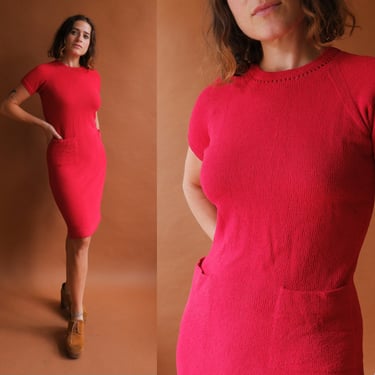 Vintage 60s Red Knit Dress/ 1960s Fitted Short Sleeve Dress with Pockets/ Size Medium 
