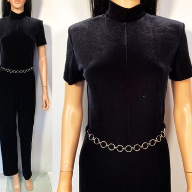 Vintage 90s Black Velvet Mockneck Jumpsuit With Built In Chain Belt Size S/M 