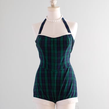 Vintage 1950's Green & Navy Blue Plaid Swimsuit / ML