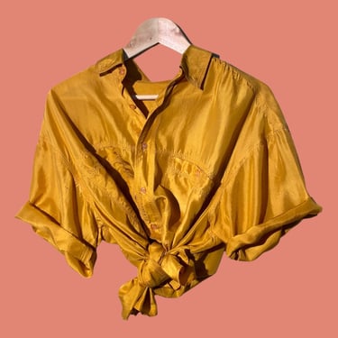 Ochre Silk Shirt, Vintage 90s Silk Blouse, Goldenrod Baggy Loose Fit Summer Short Sleeve Button Up Collared Oxford Minimal Simple Tie Up 