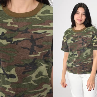 Camo T-Shirt 90s Camouflage Army TShirt Green Brown Ringer Shirt Hunting Military Grunge Tee Distressed Vintage 1990s Small 