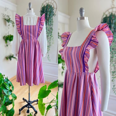 Vintage 1970s Pinafore Dress | 70s Striped Cotton Purple Pink Ruffled Fit and Flare Smock Sundress (small/medium) 