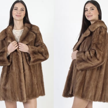 Autumn Haze Mink Swing Coat, 60s Real Fur Cropped Jacket, Large Collar Winter Overcoat 