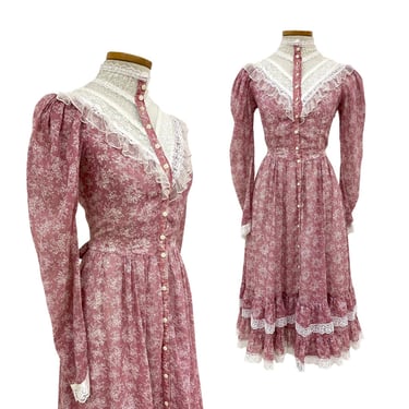 Vtg 70s Gunne Sax Mauve Floral Lace Victorian Revival Western Cottage Midi Dress 