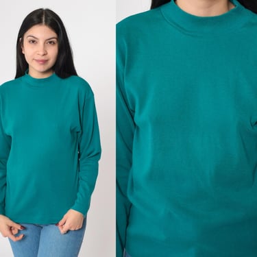 Teal Mock Neck Shirt 90s Green Long sleeve Top High Neck Plain T Shirt 1990s Top Mockneck Retro Tee Vintage Basic Normcore Small S 