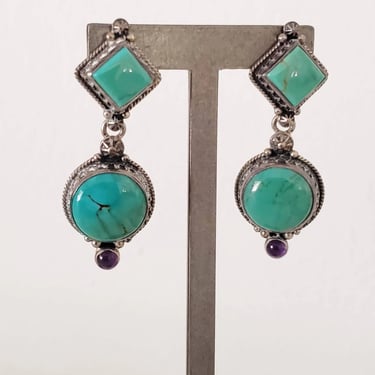 Vintage Reve Turquoise & Sterling Silver Drop Earrings Signed Chunky Southwestern Style Elizabeth + Don Buck 