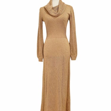 1970's Wenjilli Gold Lurex Cowl Neck Sweater Dress