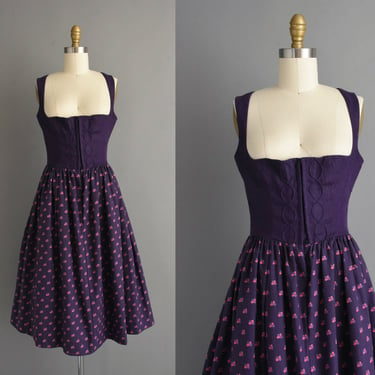 vintage 1960s dress | Gorgeous Purple Pink Floral Print Dirndl Dress | Small | 60s dress 