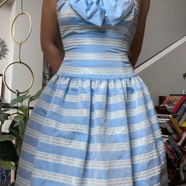 VTG 80s Baby Blue Striped Strapless Bow Dress 