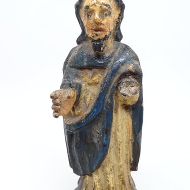 1800's Antique Jesus Polychrome Religious Statue, Santos Hand Carved, Hand Painted for Christmas Putz or Nativity 
