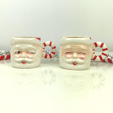 Vintage Winking Santa Clause Face Mug Set x 2, Ceramic Hand Painted Christmas Mug, Santa Ceramic Hot Cocoa Mug, Candy Cane Striped handles 