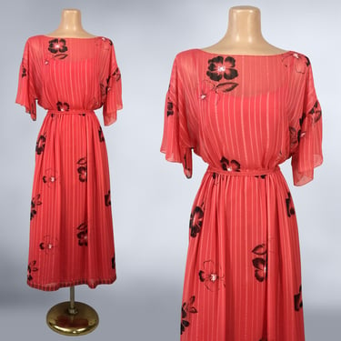 VINTAGE 80s Olga Levantin Coral Red French Silk Chiffon Dress Sz 6 | 70s 80s  Designer Vintage Hibiscus Print Sheer Dress | VFG 
