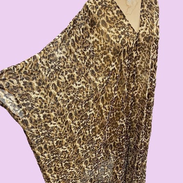 Vintage Adrienne Landau Kaftan Retro 2000s Y2K + 100% Silk + Leopard Print + Sheer Pullover + Resort Wear + Beach Coverup + Womens Fashion 
