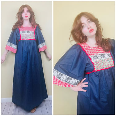 1970s Vintage Impression! Cotton Blend Kimono Sleeve Dress / 70s Blue and Red Gingham Lace Floral Maxi Gown / Size Large - XL 