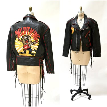 90s Vintage Black Leather Motorcycle Biker Jacket Tasmanian Devil TAZ Wild Thing Medium Large Jeff Hamilton Looney Tunes Cartoon Pop Culture 