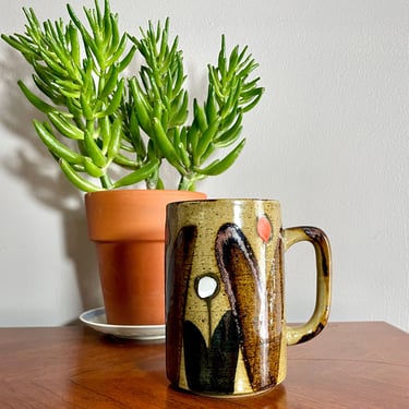 Tall, Vintage Stoneware Coffee Tea Mug - Rustic Mod, Handmade, Brown Floral, Tall, Studio Pottery, 1970's Groovy, Lollipop Flowers 