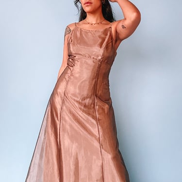 Y2K Bronze Bejeweled Strap Prom Dress, sz. M/L