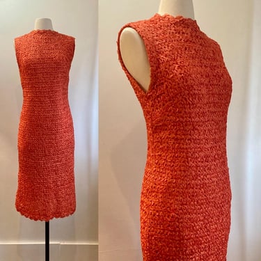 Vintage 50s 60s Wiggle Dress / Cocktail Dress / Orange SILK  RIBBON Knit / Ribbonwork Texture / Lined 