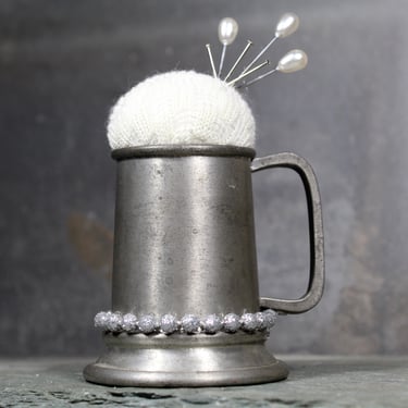 Beer Stein Pin Cushion - Upcycled Vintage, Miniature Pewter Beer Stein Turned Pin Cushion - Handmade 