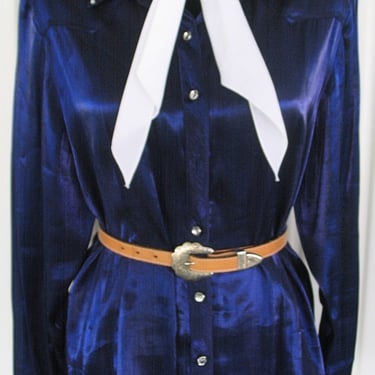 Vintage Retro Women's Cowgirl Western Shirt by Roughrider, Rodeo Queen Blouse, Shimmery Midnight Blue, Large (see meas. photo) 