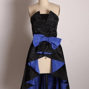 1980s Black and Blue Asymmetrical Strapless High Cut Front Hostess Overskirt Formal Cocktail Dress -XS 