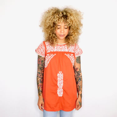 Embroidered Mexican Blouse // vintage cotton boho hippie Oaxacan tunic embroidered dress hippy orange // O/S 