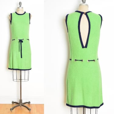 vintage 60s dress green navy mod boucle knit cutout twiggy sleeveless midi M clothing 