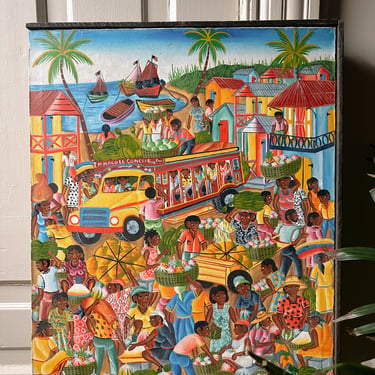 Vintage Caribbean Market Painting (Framed)