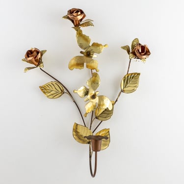 Vintage Metal Wall Candleholder, Gold and Copper Butterflies and Roses Wall Sculpture, Candlestick Wall Sconce 