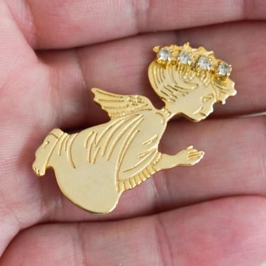 Vintage Gold Kneeling Angel Brooch with Rhinestone Halo 