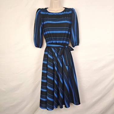 Vintage 80s Black & Blue Striped Dress 