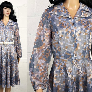 Vintage Blue Polka Dot Dress Tan Brown Beige Dagger Collar Peasant Long Sleeves Fit & Flare 1960s 1970s Mid-Century Mod Wedding Guest Medium 
