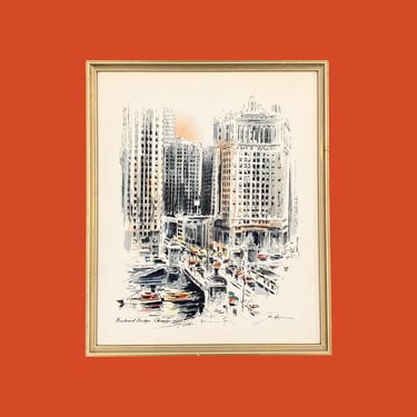 Vintage John Haymson Art 1960s Retro Size 23x19 Mid Century Modern + Chicago + Boulevard Bridge + Ink and Watercolor + Cityscape + MCM Art 