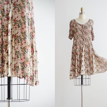 floral mini dress | 90s vintage cottagecore boho cream pink short sleeve loose oversized tunic short dress 