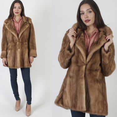 Womens Brown Mink Coat / Vintage 70s Autumn Haze Fur Jacket / Genuine Plush Tan Large Shawl Collar / Warm Opera Stroller Outfit 