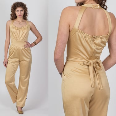 70s Liquid Gold Frederick's Of Hollywood Jumpsuit - Small to Medium | Vintage Draped Tapered Leg Disco Pantsuit 