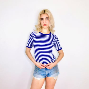 I, Jonathan Shirt // vintage 60s 70s cotton boho tee t-shirt t top striped thin hippy white blue // S/M 