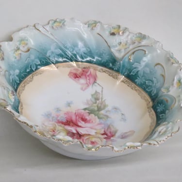 RS Prussia Style Large Porcelain Floral Pink Roses Blue Bowl 3165B