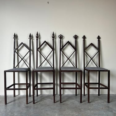 Postmodern - Style High Back Brutalist Bar Counter Stools - Set of 4 