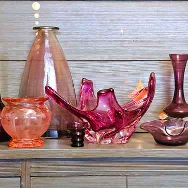 Modern Boho Purple and Pink Glass Vase Bottle Set Decor Glassware 
