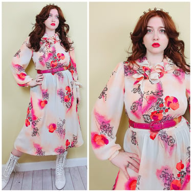 1980s Vintage JT Dress Sunset Dye Chiffon / 80s Ruffled Collar Floral Blouson Smocked Waist Sheer Gown / Size Large - XL 