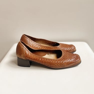 Chestnut Lattice Leather Block Heel | Size 7.5