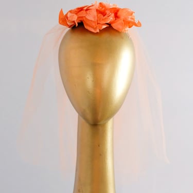 Beautiful 1950's Orange Crush Petals &amp; Pearls Shoulder Length Veil Headpiece / OS