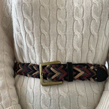 Vintage Womens Braided Suede Leather Multicolor Solid Brass Buckle Belt Sz M 