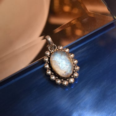 Sterling Silver Rainbow Moonstone Flower Pendant, Gemstone Jewelry, Bohemian Style, 925 HM, 1.5