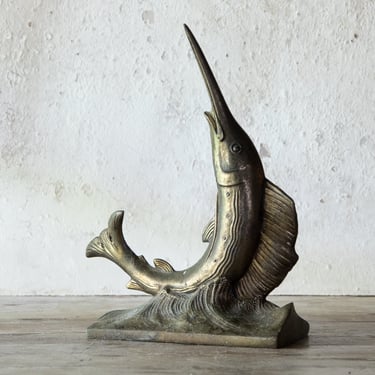 Brass Marlin Sailfish Sculpture, Vintage Fish Figurine, Brass Bookend 