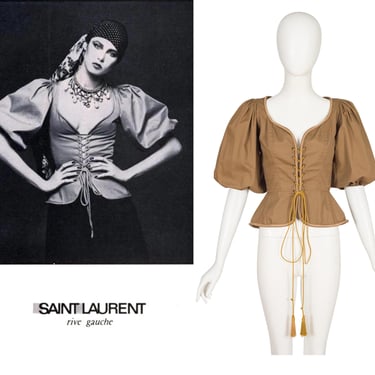 Yves Saint Laurent 1977 S/S Vintage Khaki Cotton Puff Sleeve Lace-Up Corset Top Sz M 